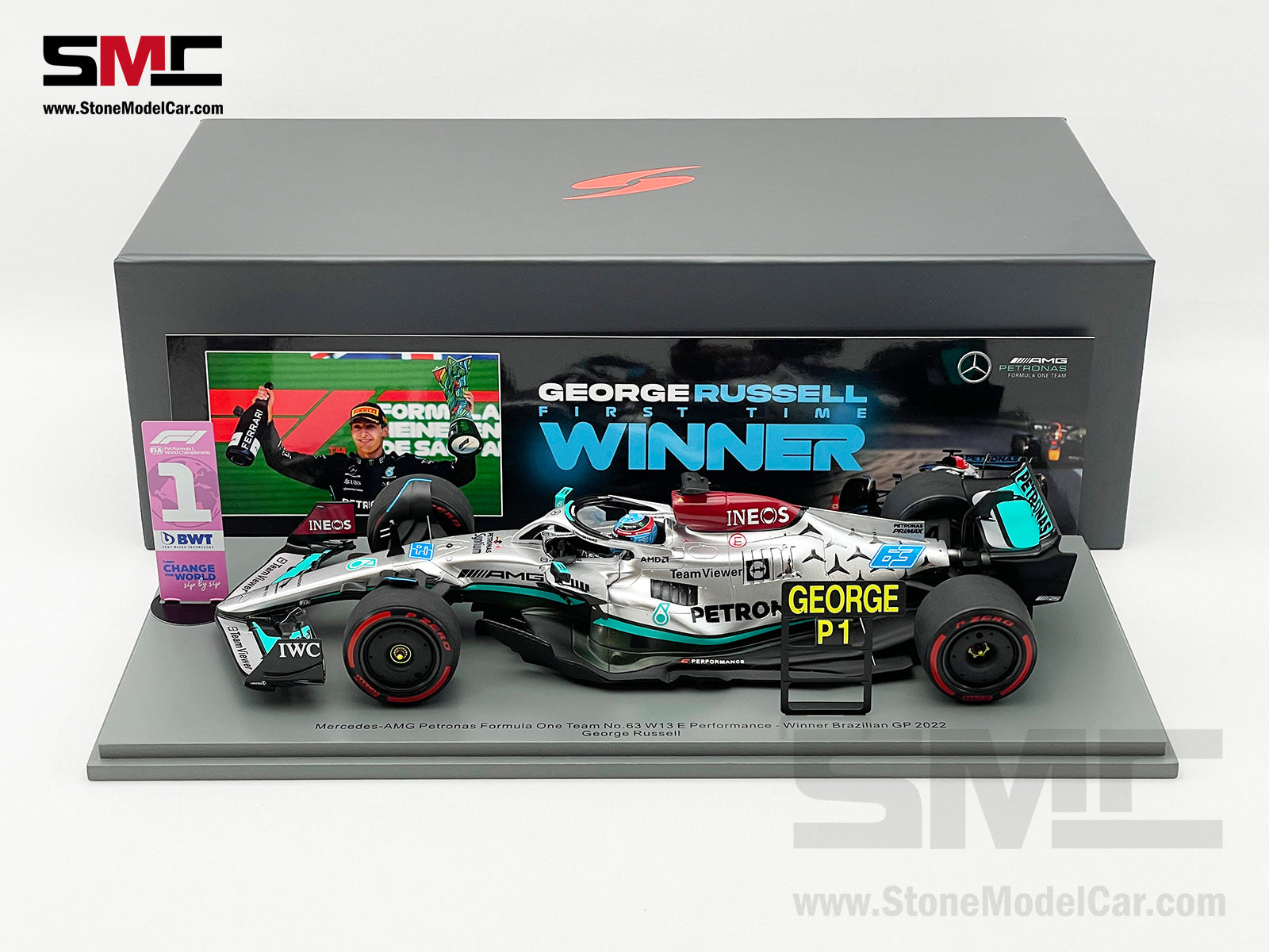 SPARK 18S777 MERCEDES-AMG Petronas F1 W13 E Performance N°63 Mercedes-AMG  Petronas F1 Team Vainqueur GP Brésil 2022 (1/18) - Boutique Auto Moto /  SPARK