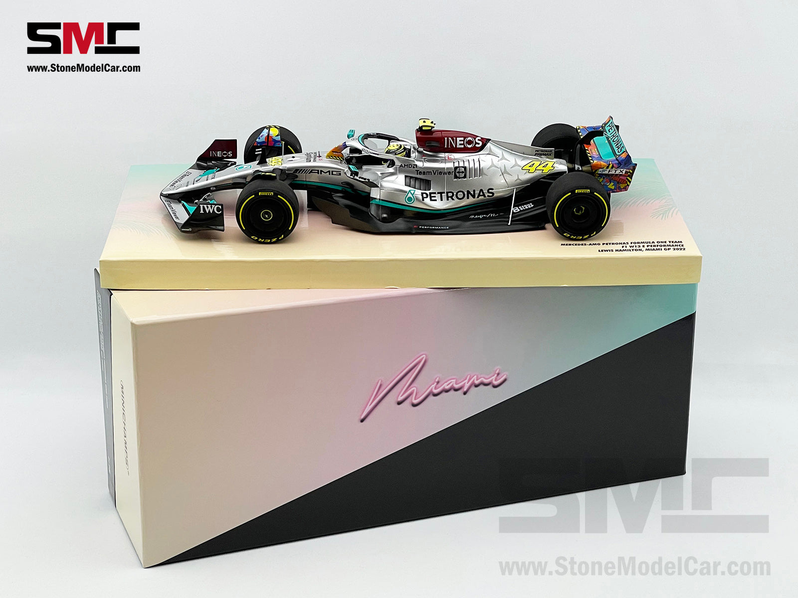 2022 Mercedes F1 W13 #44 Lewis Hamilton USA Miami GP Special Livery 1:18  MINICHAMPS Gift Box