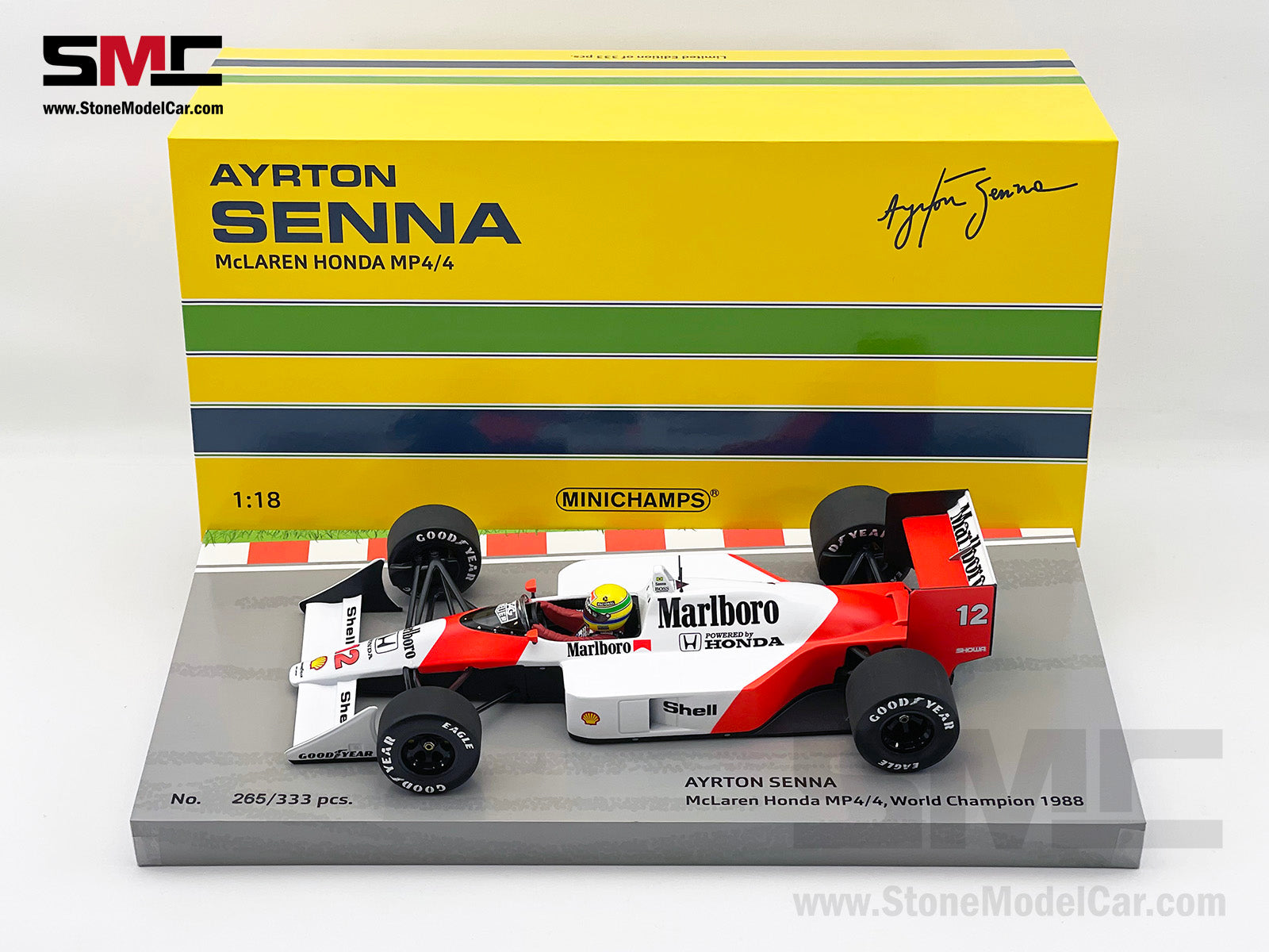 Mclaren MP4/4 #12 Ayrton Senna 1988 F1 World Champion 1:18 MINICHAMPS Box  with Decal