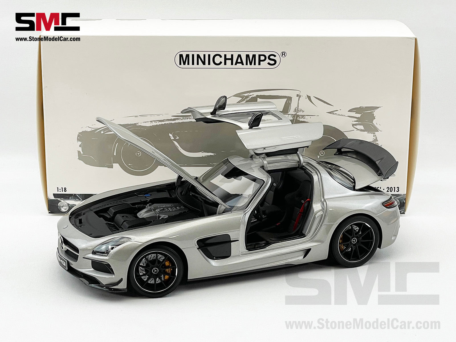 Mercedes Benz SLS AMG BLACK Series Alubeam Silver Full Open Diecast 1:18  Minichamps LE 300