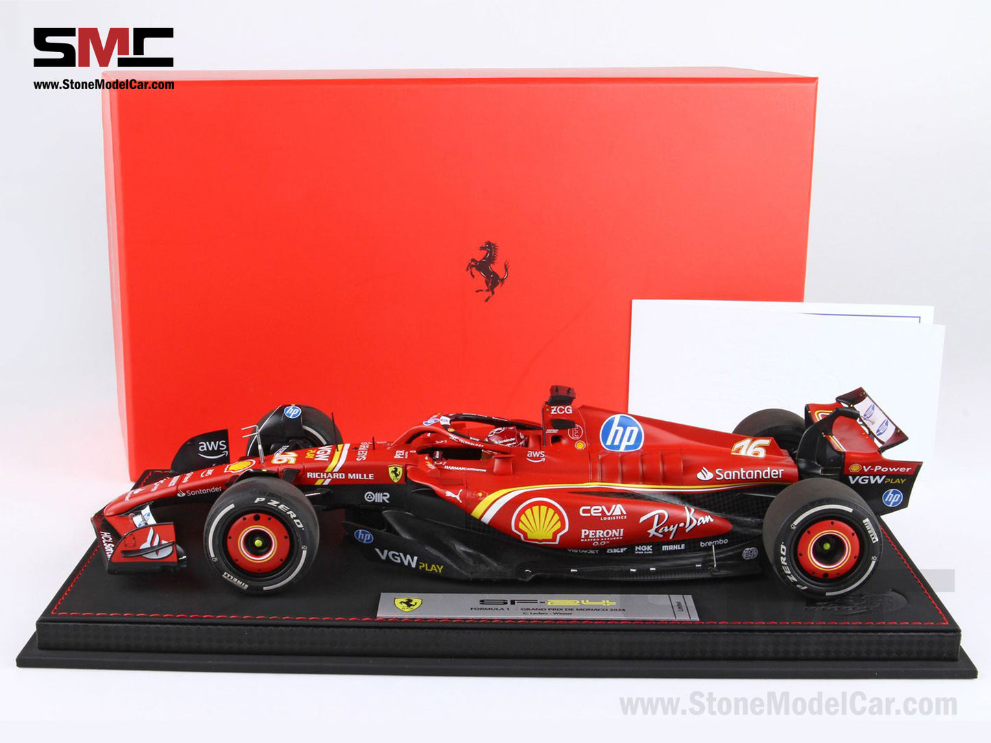 [Pre-Order] Ferrari F1 SF-24 #16 Charles Leclerc Winner Monaco GP 2024 BBR 1:18 with Leather Base