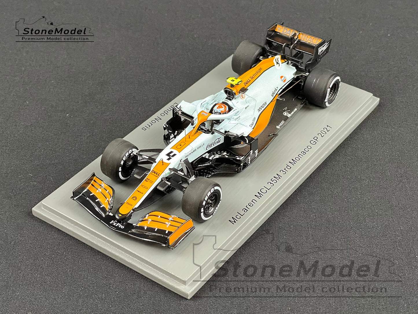 Mclaren F1 MCL35M 4 Lando Norris Monaco 2021 Spark 1:43 + Decal & Background Card
