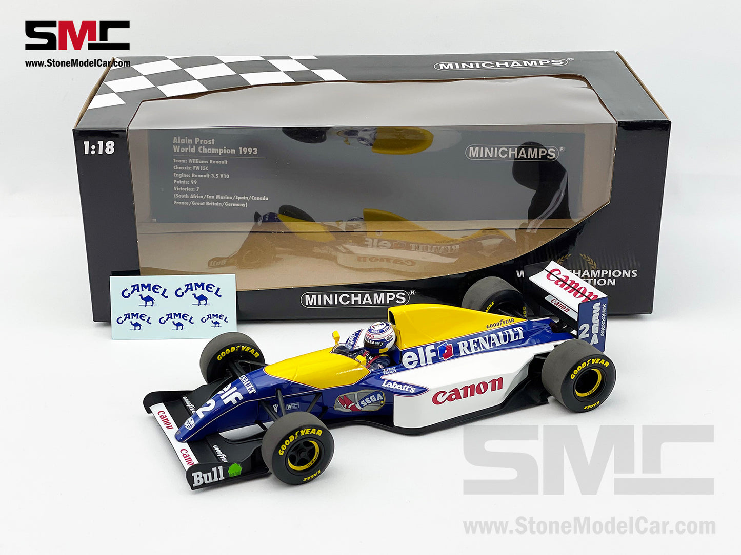 Williams F1 FW15C #2 Alain Prost 1993 World Champion 1:18 MINICHAMPS + CAMEL Decal