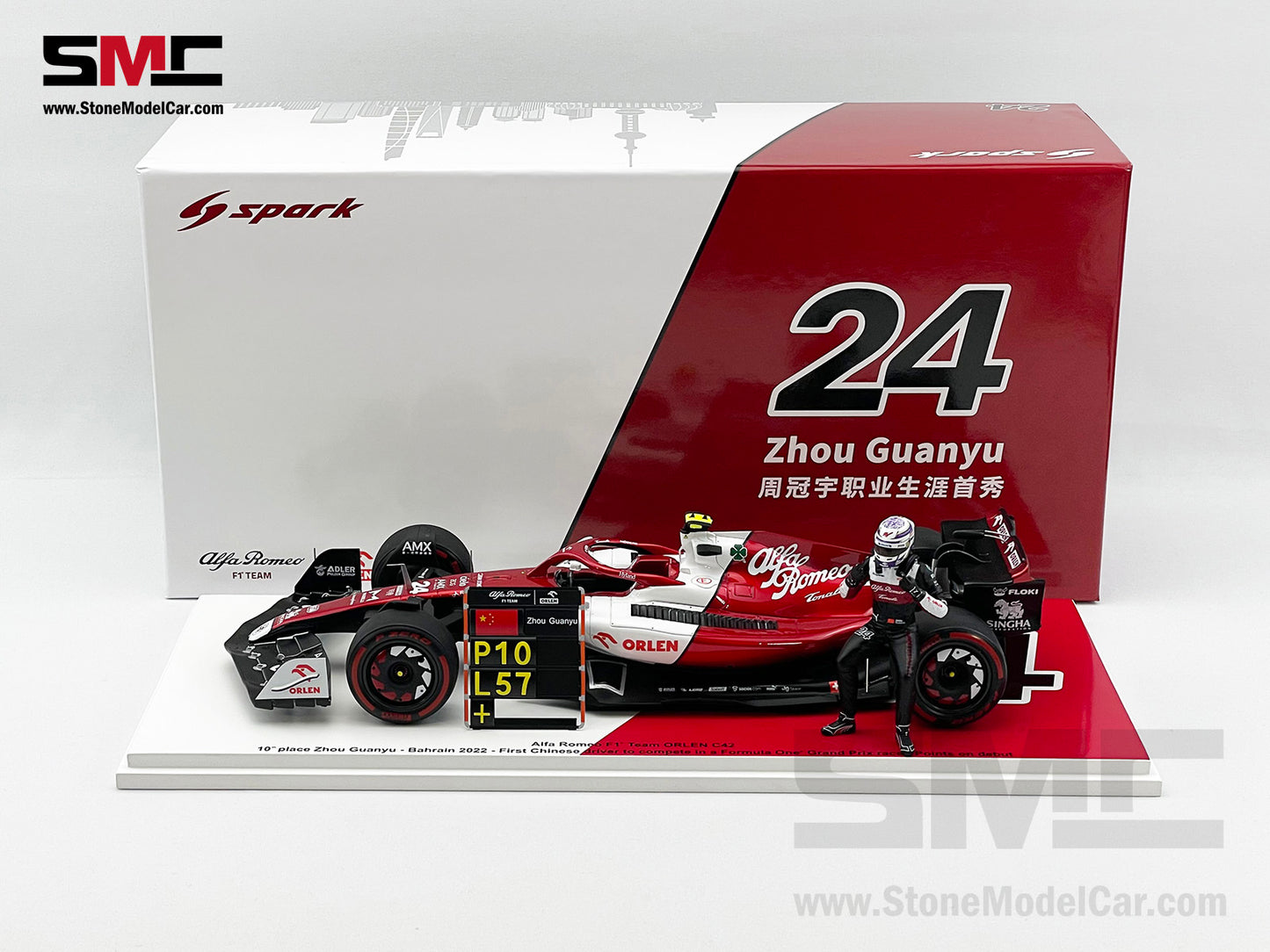 2022 Alfa Romeo Sauber F1 C42 #24 Zhou Guanyu Bahrain GP 10th 1st Point 1:18 Spark with Figure