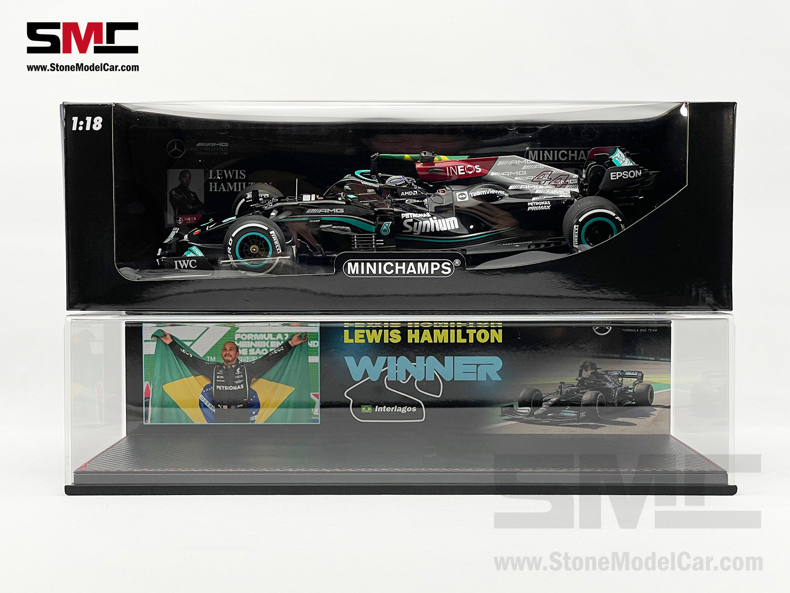 Mercedes AMG F1 W12 #44 Lewis Hamilton Brazil GP 2021 with Flag 1:18  Minichamps + Display Case