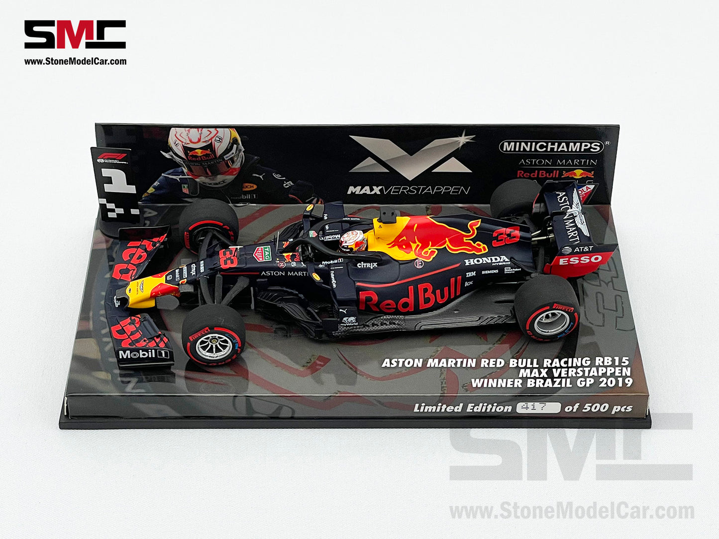 Red Bull F1 RB15 #33 Max Verstappen Brazil GP Winner 2019 1:43 MINICHAMPS with P1 Pit Board