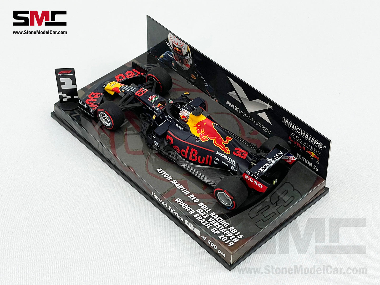 Red Bull F1 RB15 #33 Max Verstappen Brazil GP Winner 2019 1:43 MINICHAMPS with P1 Pit Board