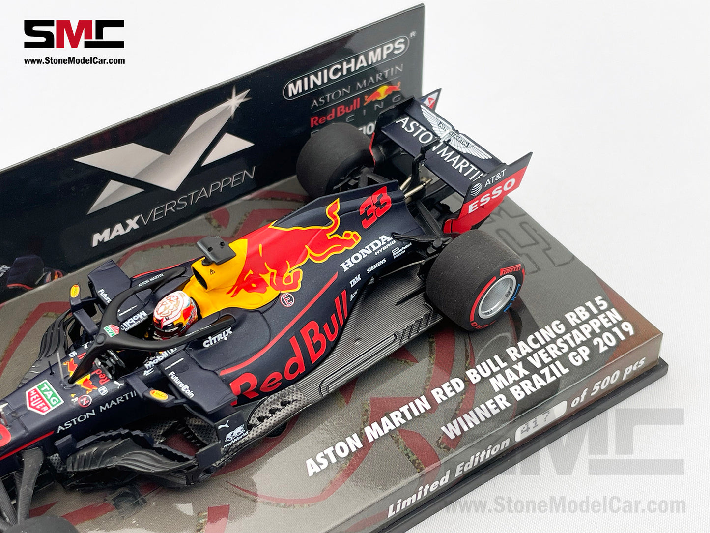 Red Bull F1 RB15 #33 Max Verstappen Brazil GP Winner 2019 1:43 MINICHAMPS with P1 Pit Board
