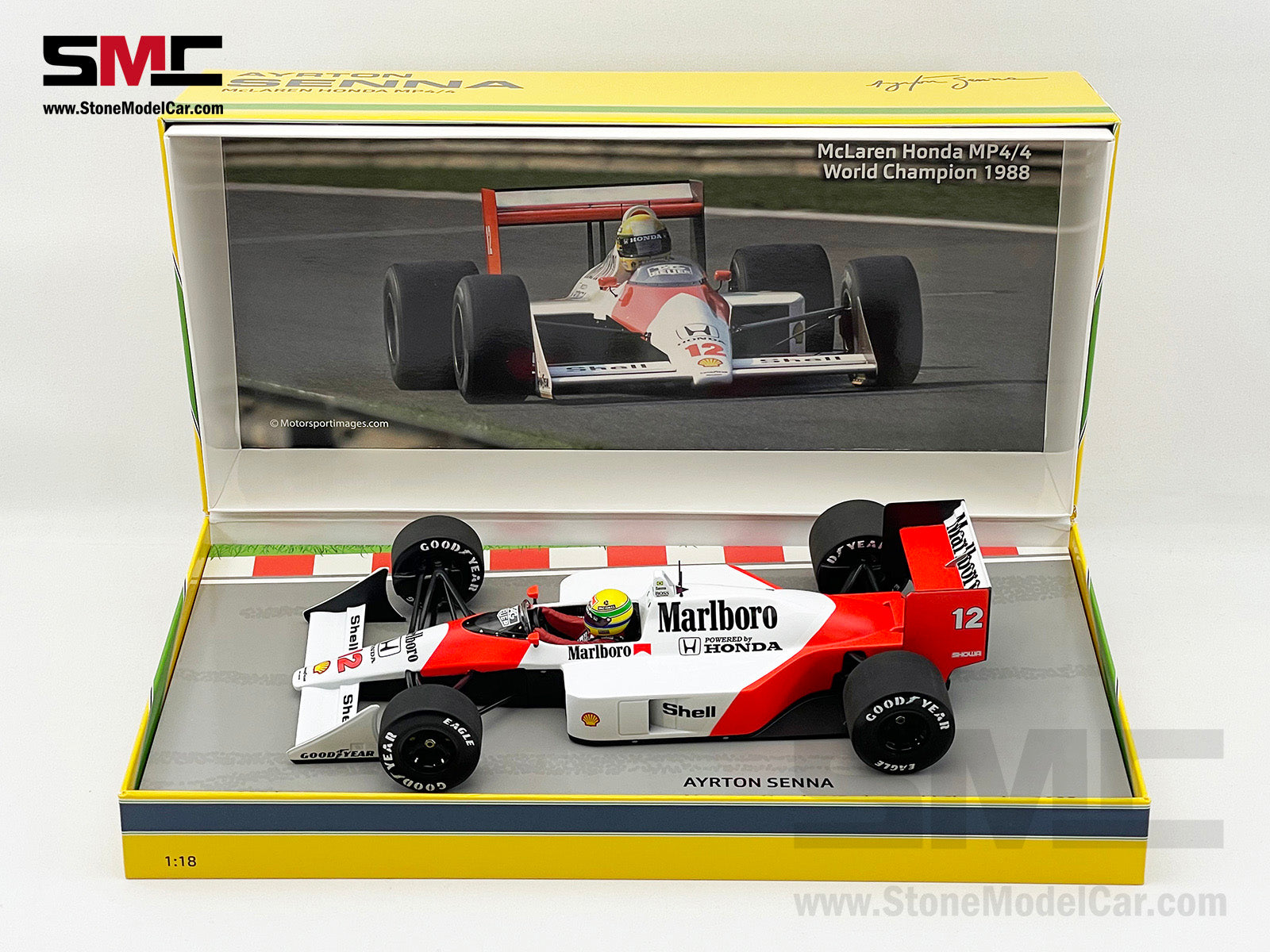 Mclaren MP4/4 #12 Ayrton Senna 1988 F1 World Champion 1:18 MINICHAMPS Box  with Decal