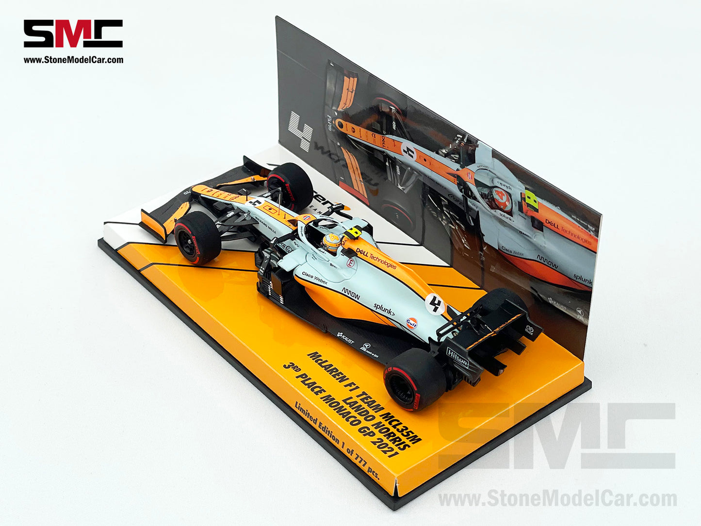 Mclaren F1 MCL35M #4 Lando Norris Monaco 2021 Podium Gulf Livery 1:43 MINICHAMPS