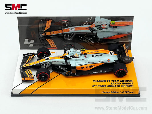 Mclaren F1 MCL35M #4 Lando Norris Monaco 2021 Podium Gulf Livery 1:43 MINICHAMPS w Decal