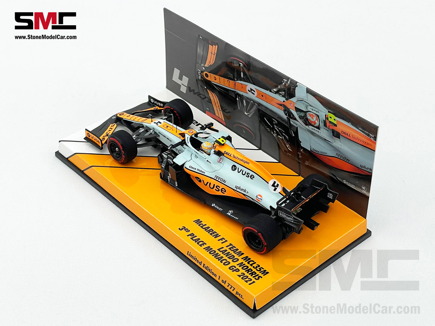 Mclaren F1 MCL35M #4 Lando Norris Monaco 2021 Podium Gulf Livery 1:43 MINICHAMPS w Decal