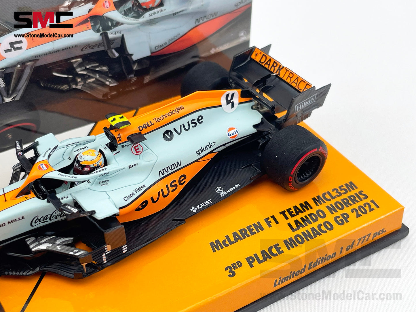 Mclaren F1 MCL35M #4 Lando Norris Monaco 2021 Podium Gulf Livery 1:43 MINICHAMPS w Decal