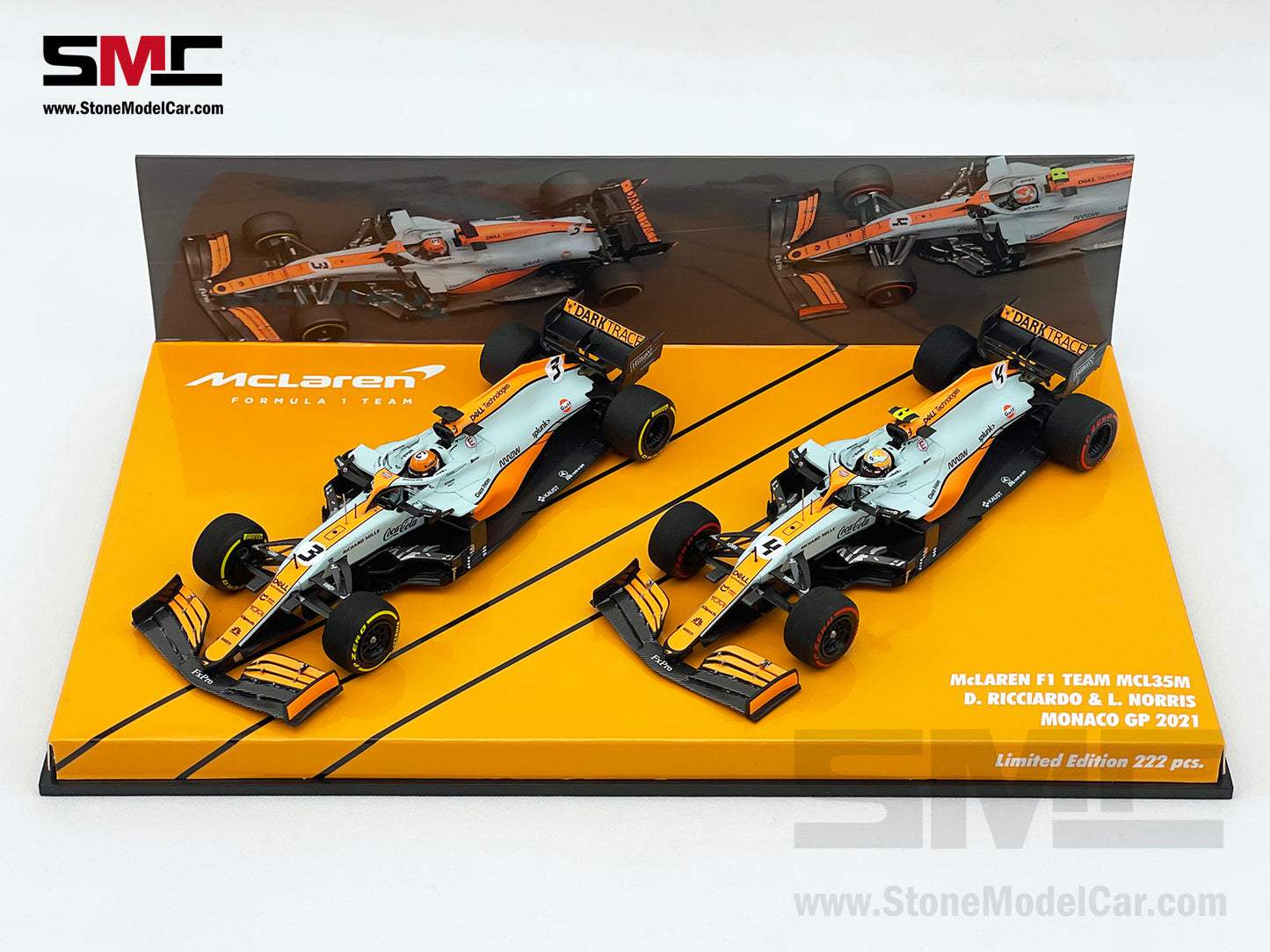 Mclaren F1 MCL35M #3 D. Ricciardo #4 L. Norris Monaco 2021 Gulf Livery 1:43 MINICHAMPS 2x Car Set