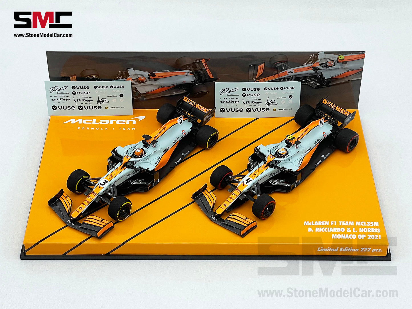 Mclaren F1 MCL35M #3 D. Ricciardo #4 L. Norris Monaco 2021 Gulf Livery 1:43 MINICHAMPS 2x Car Set
