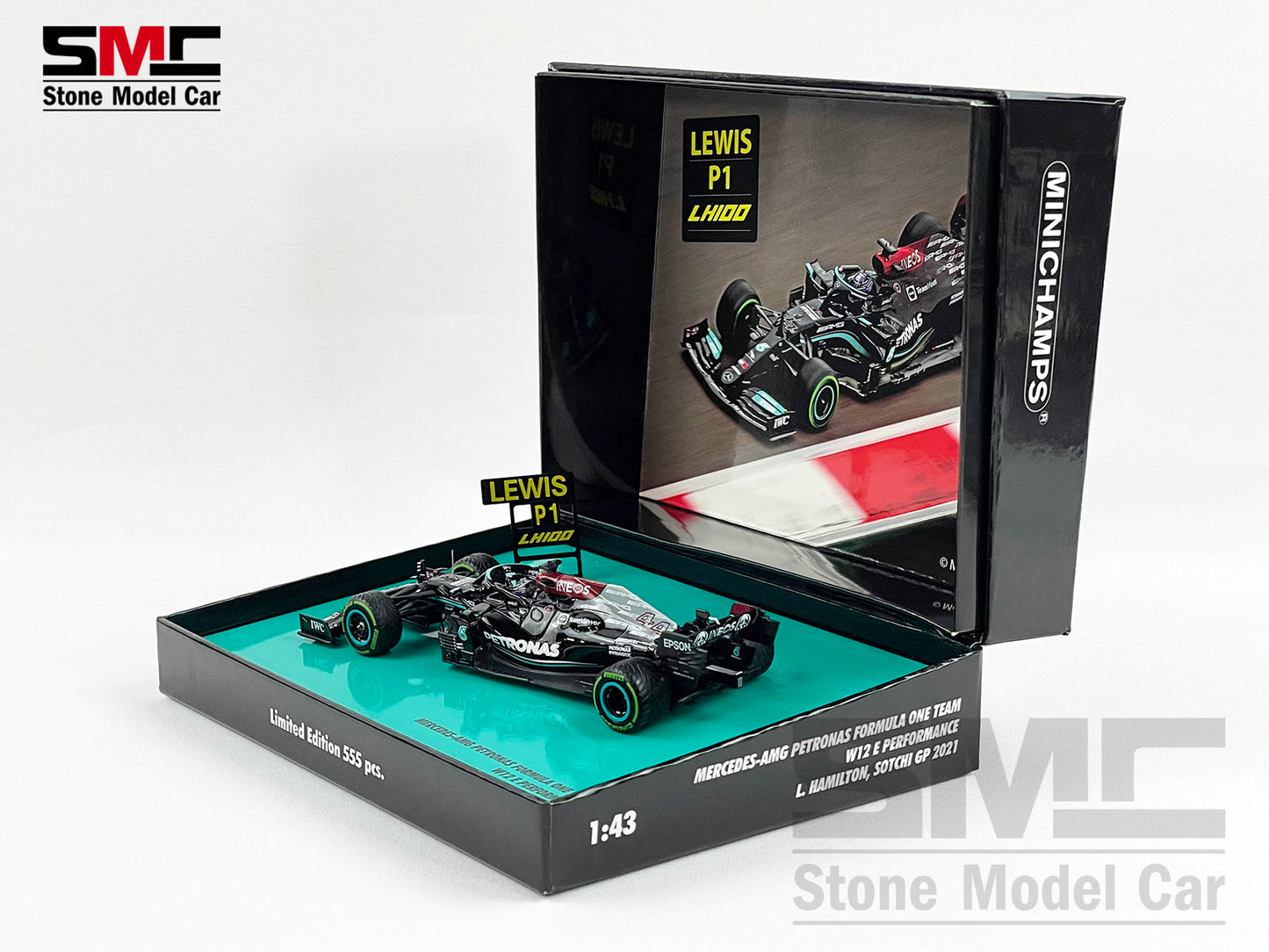 Mercedes F1 W12 Lewis Hamilton Russia 100th GP Win 2021 1:43 Minichamps Gift Box