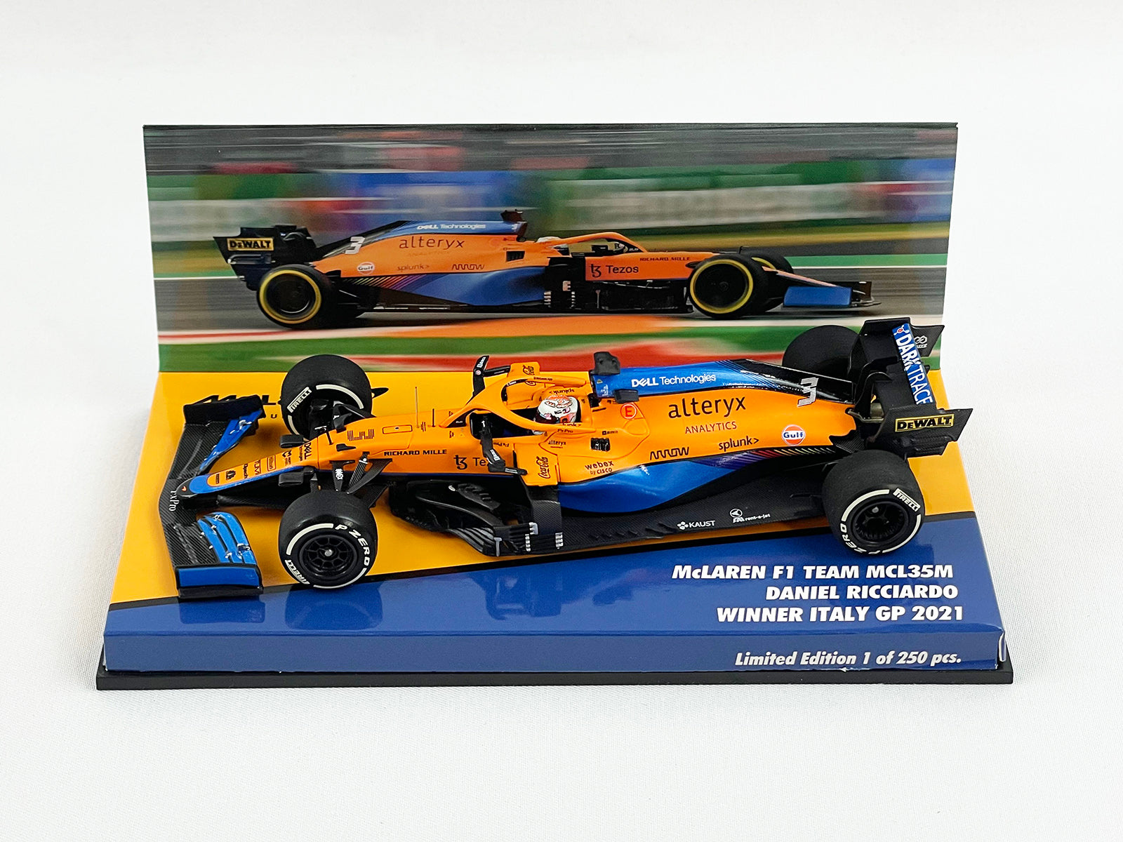 2021 Mclaren F1 MCL35M Daniel Ricciardo Italy GP Winner 1:43 MINICHAMPS +  VELO Decal