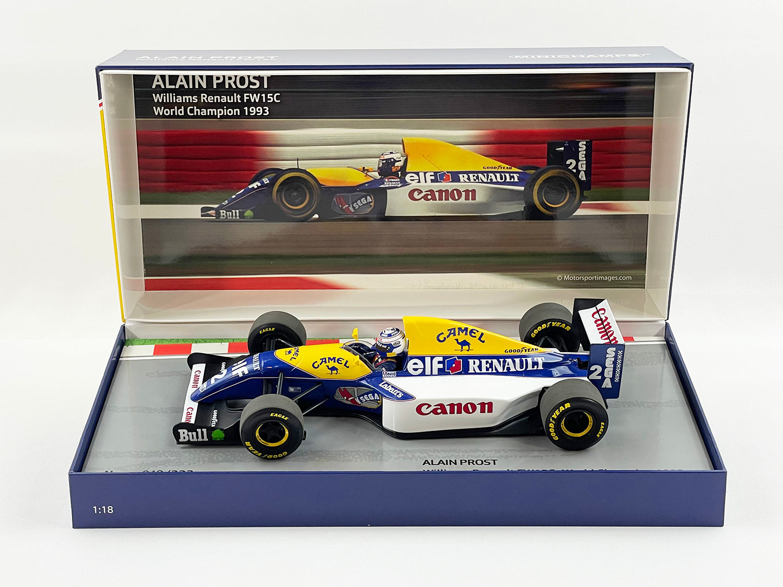 Williams F1 FW15C #2 Alain Prost 1993 World Champion 1:18 MINICHAMPS Gift  Box with CAMEL