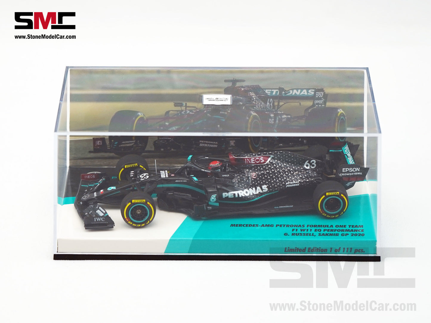 Mercedes F1 W11 #63 George Russell Sakhir GP 2020 1st F1 Point 1:43 MINICHAMPS High Box