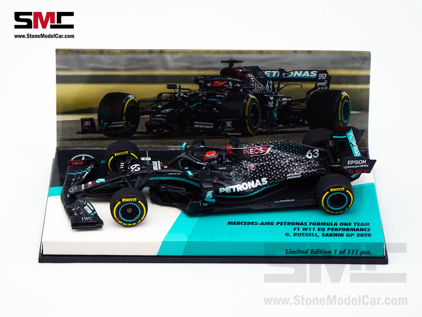 Mercedes F1 W11 #63 George Russell Sakhir GP 2020 1st F1 Point 1:43 MINICHAMPS High Box