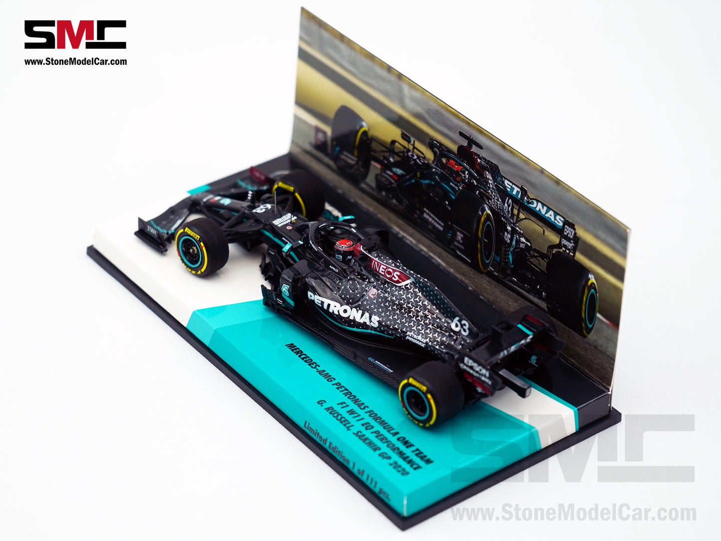 Mercedes F1 W11 #63 George Russell Sakhir GP 2020 1st F1 Point 1:43 MINICHAMPS High Box