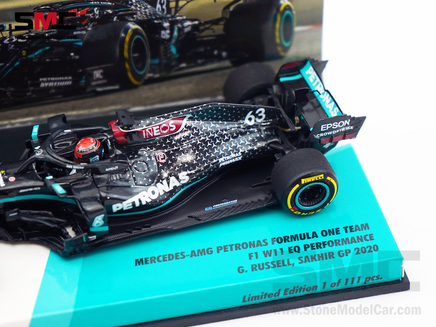 Mercedes F1 W11 #63 George Russell Sakhir GP 2020 1st F1 Point 1:43 MINICHAMPS High Box