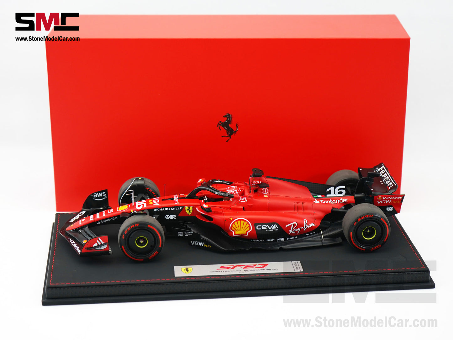 Ferrari F1 SF-23 #16 Charles Leclerc Belgium SPA GP 2023 BBR 1:18 with Leather Base