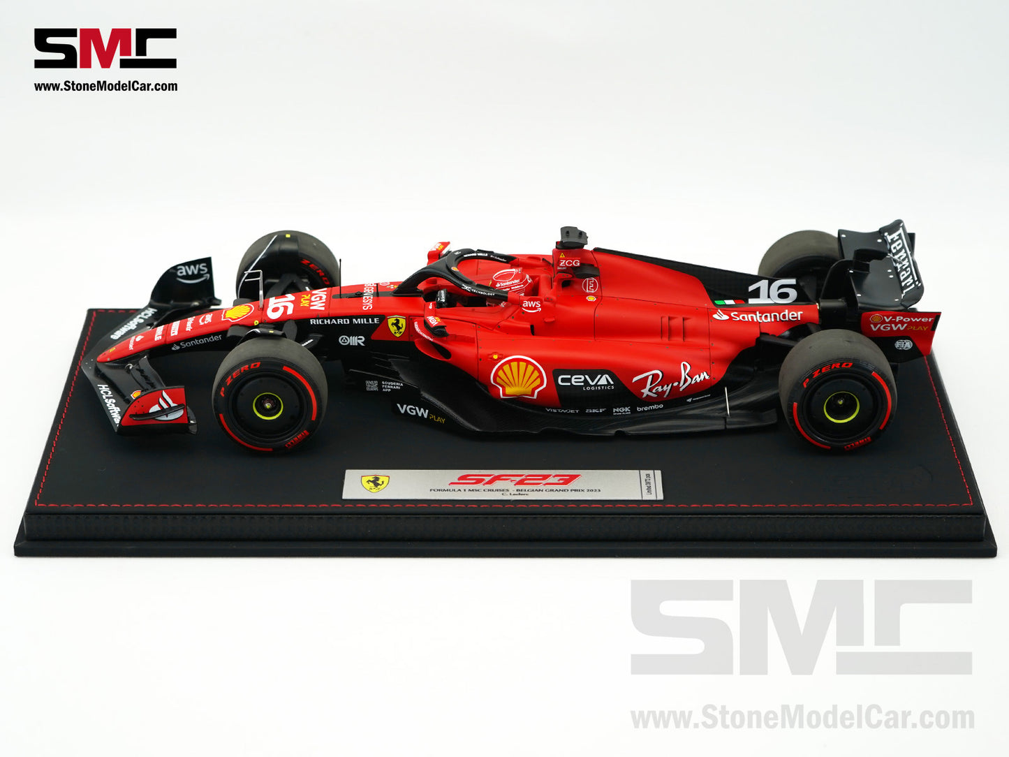 Ferrari F1 SF-23 #16 Charles Leclerc Belgium SPA GP 2023 BBR 1:18 with Leather Base