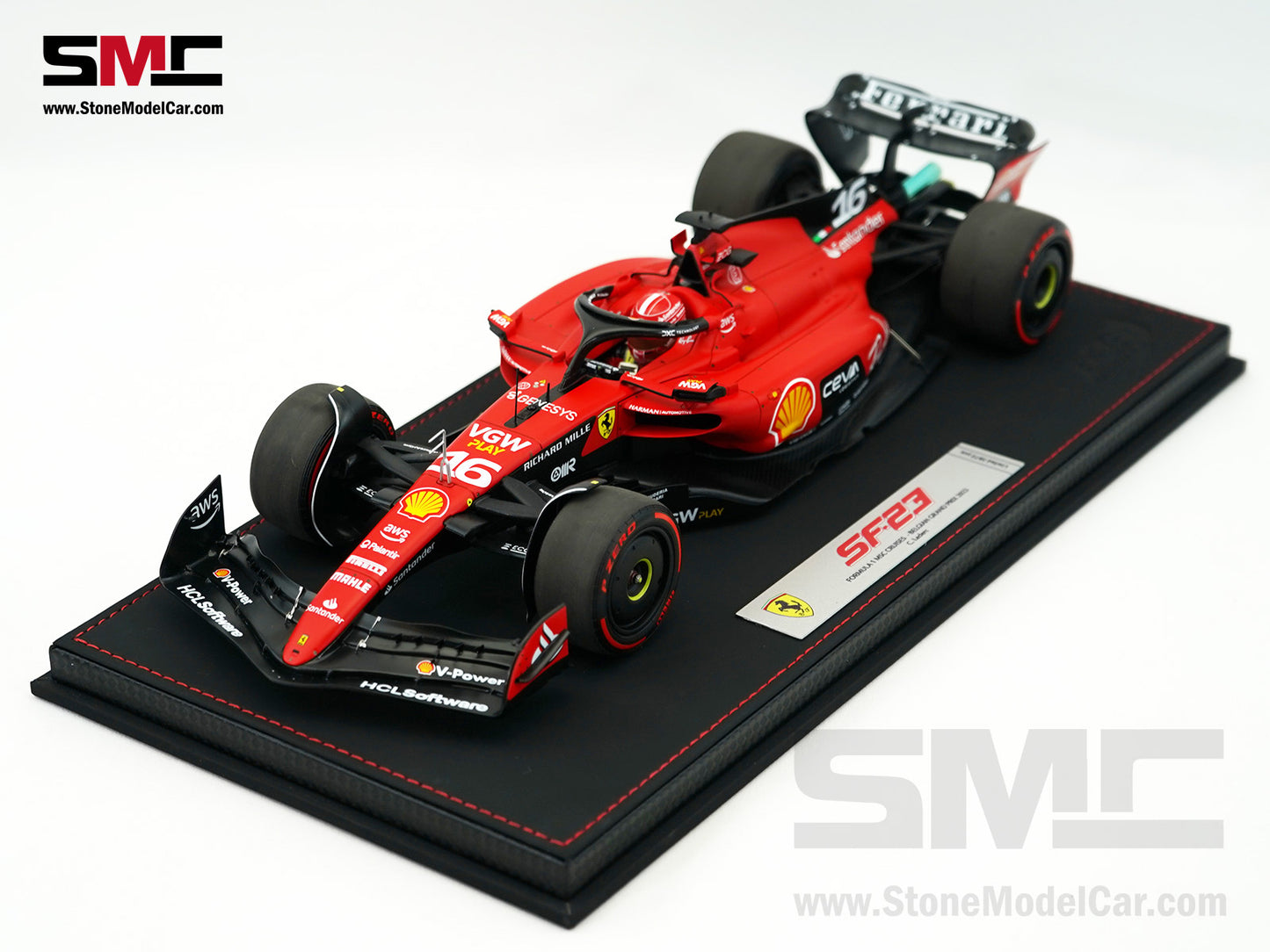 Ferrari F1 SF-23 #16 Charles Leclerc Belgium SPA GP 2023 BBR 1:18 with Leather Base