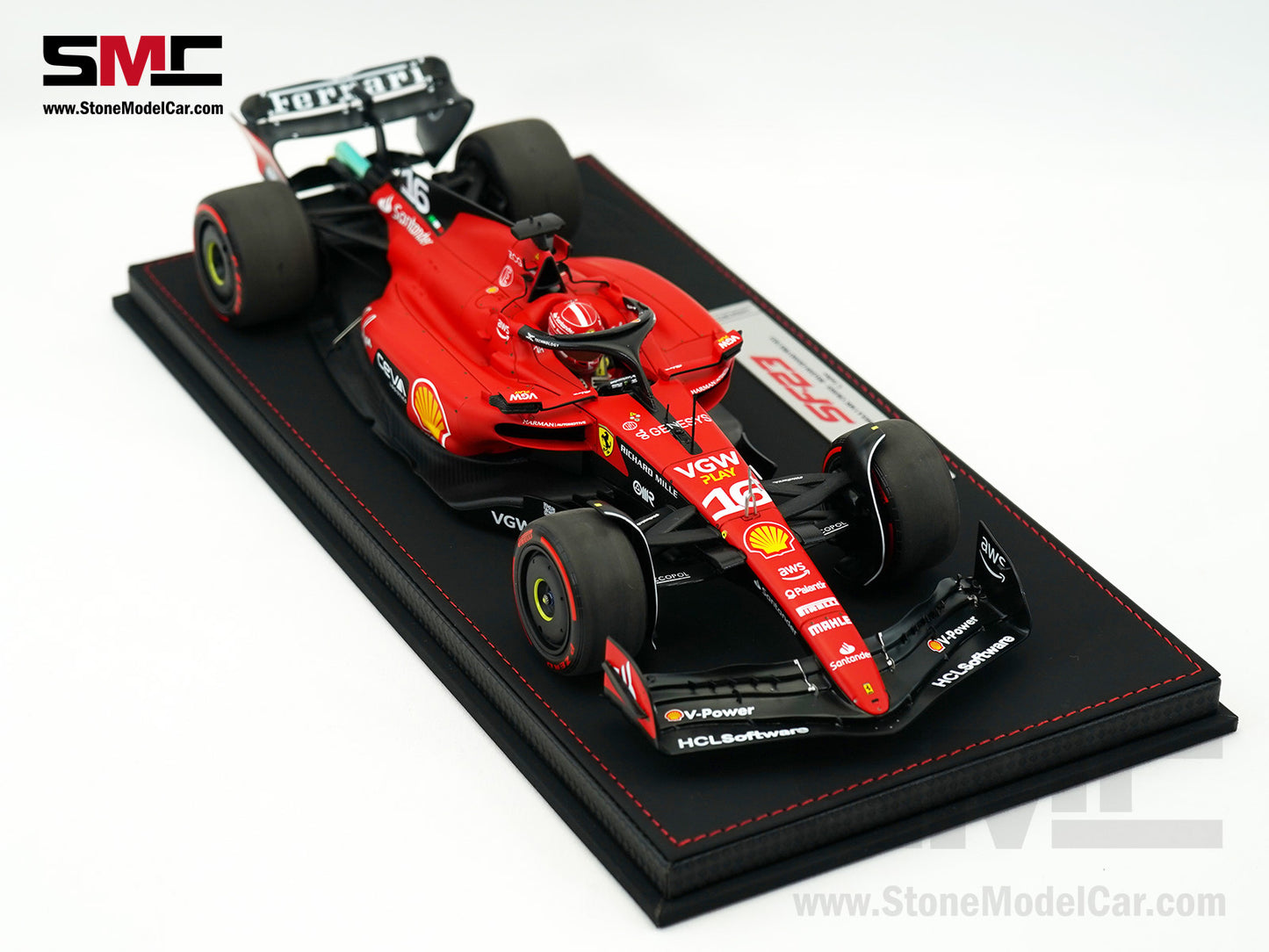 Ferrari F1 SF-23 #16 Charles Leclerc Belgium SPA GP 2023 BBR 1:18 with Leather Base