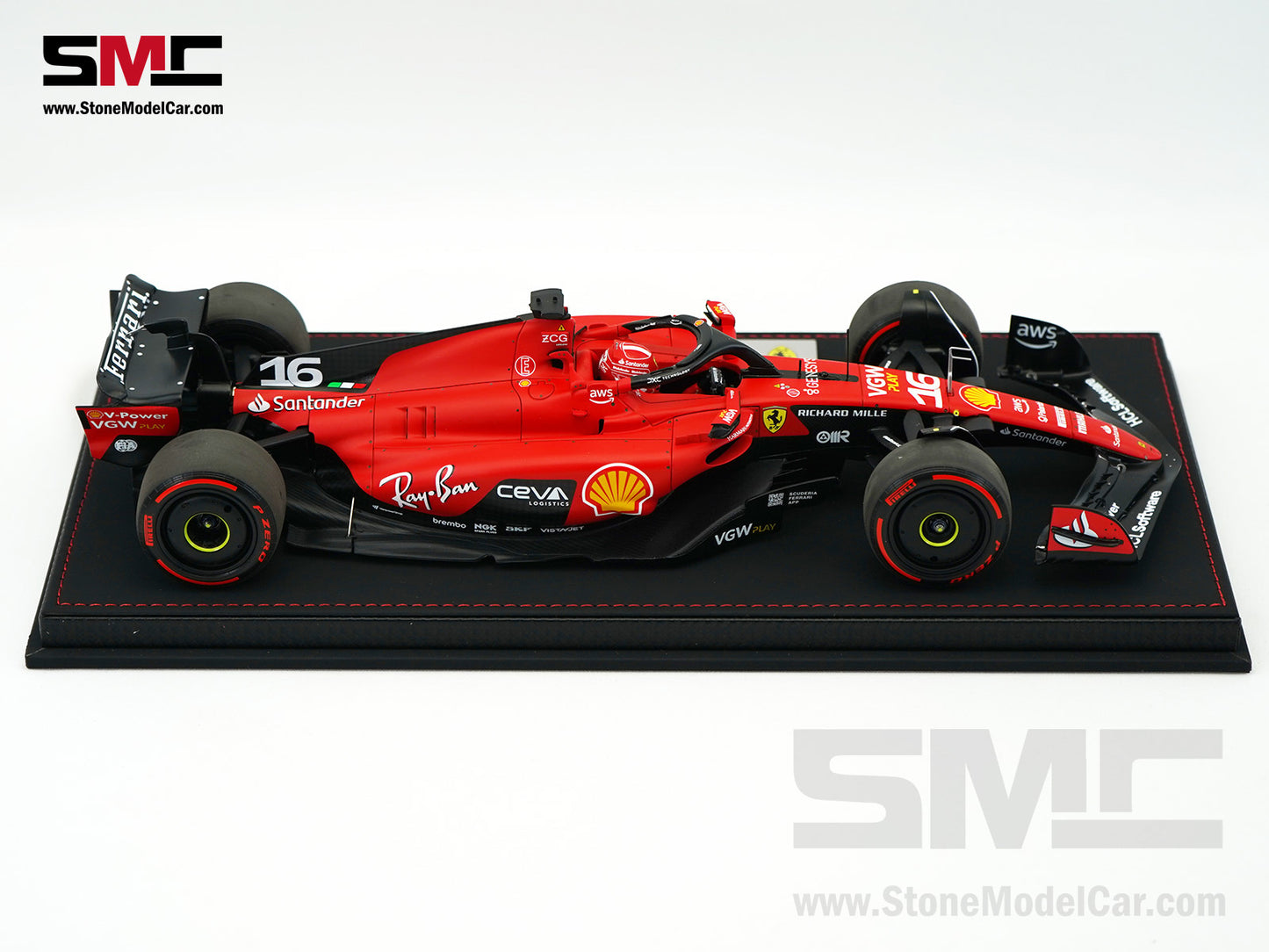 Ferrari F1 SF-23 #16 Charles Leclerc Belgium SPA GP 2023 BBR 1:18 with Leather Base