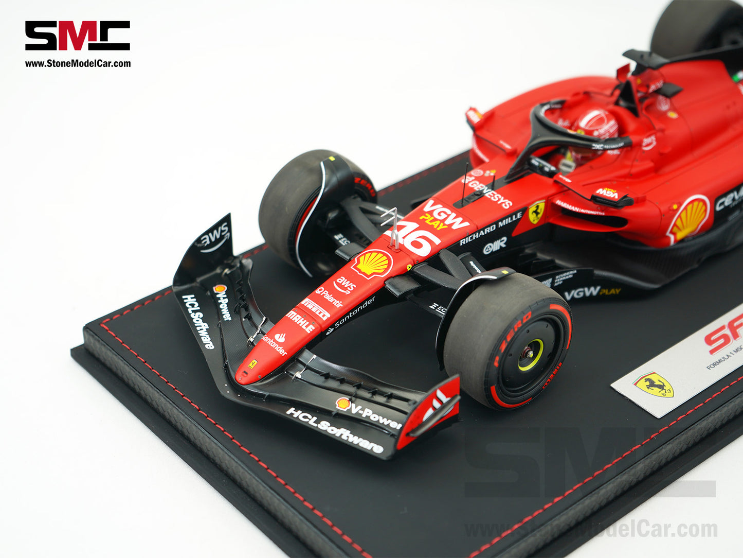 Ferrari F1 SF-23 #16 Charles Leclerc Belgium SPA GP 2023 BBR 1:18 with Leather Base