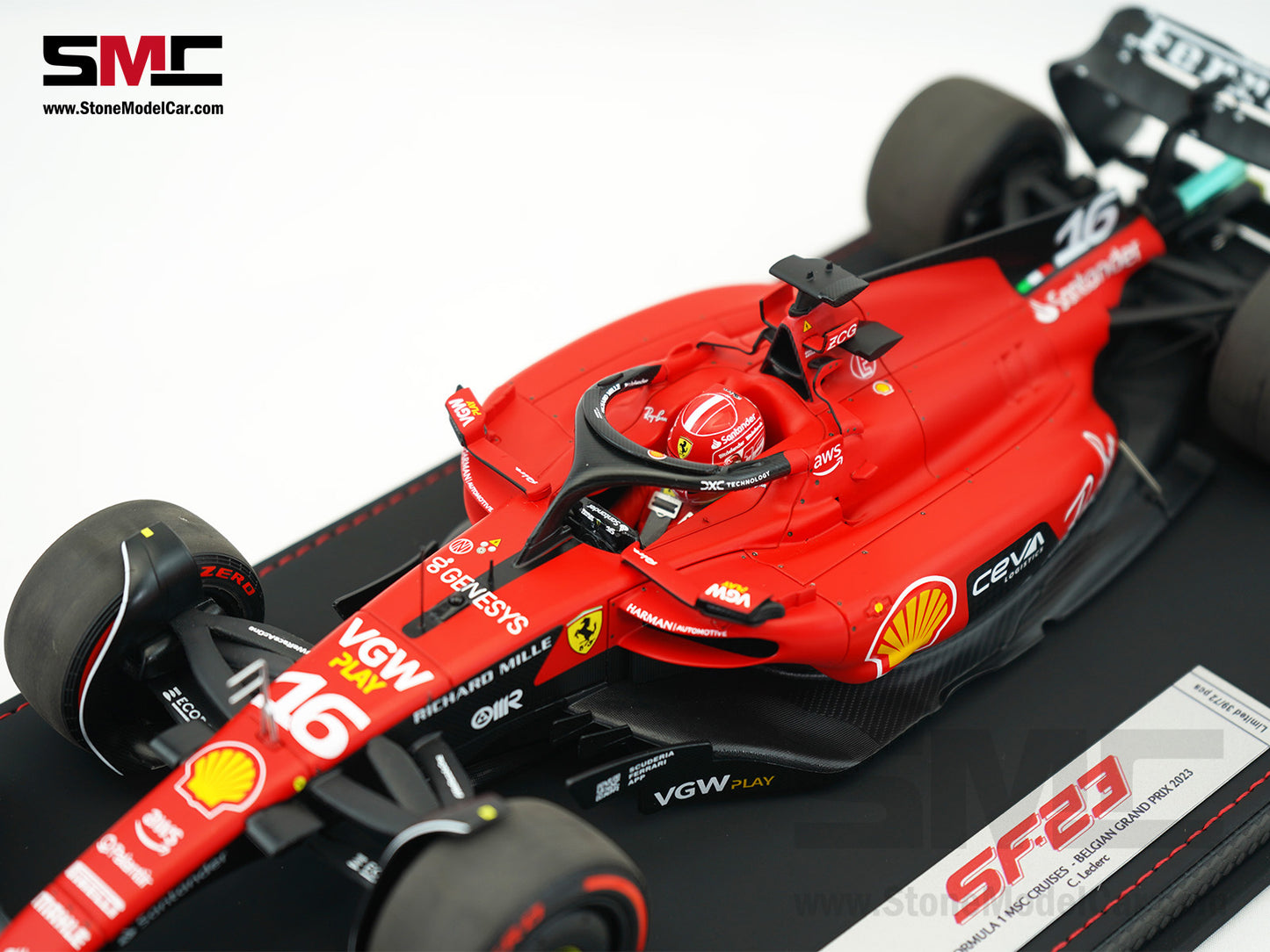 Ferrari F1 SF-23 #16 Charles Leclerc Belgium SPA GP 2023 BBR 1:18 with Leather Base