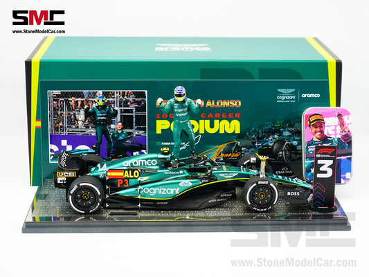 [Pre-Order] Aston Martin F1 AMR23 #14 Fernando Alonso Saudi Arabian GP 100th Career Podium 2023 1:18 Spark Figure Edition