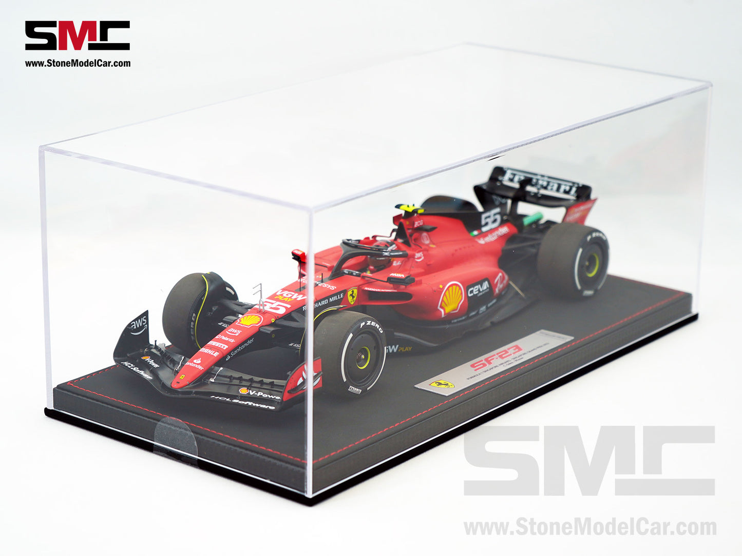 Ferrari F1 SF-23 #55 Carlos Sainz Singapore GP 2023 BBR 1:18 with Leather Base