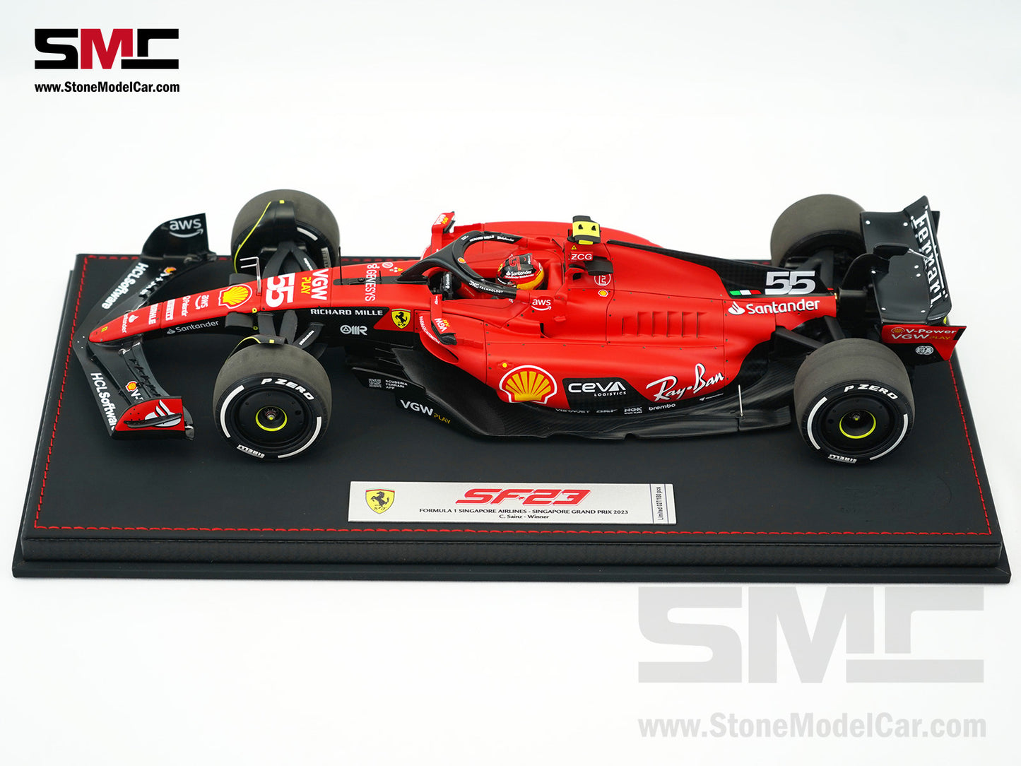 Ferrari F1 SF-23 #55 Carlos Sainz Singapore GP 2023 BBR 1:18 with Leather Base