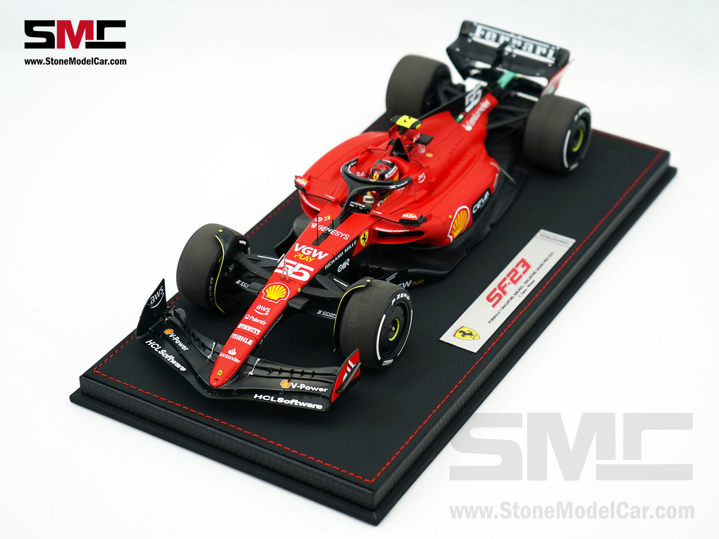 Ferrari F1 SF-23 #55 Carlos Sainz Singapore GP 2023 BBR 1:18 with Leather Base