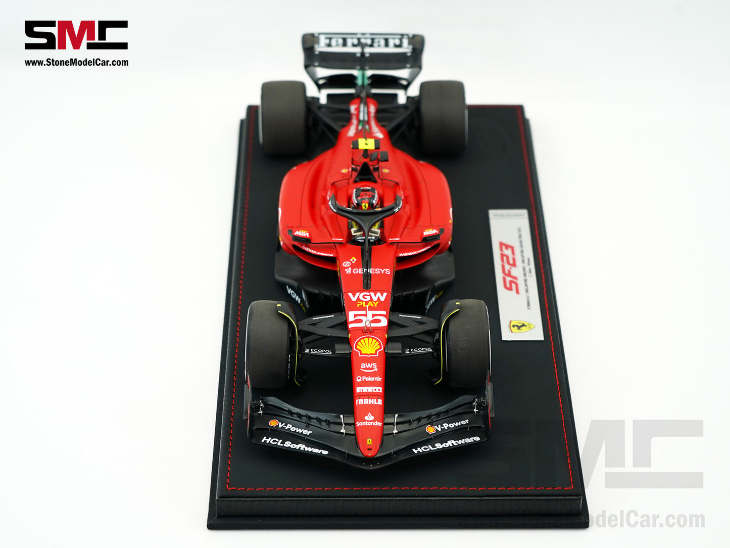 Ferrari F1 SF-23 #55 Carlos Sainz Singapore GP 2023 BBR 1:18 with Leather Base