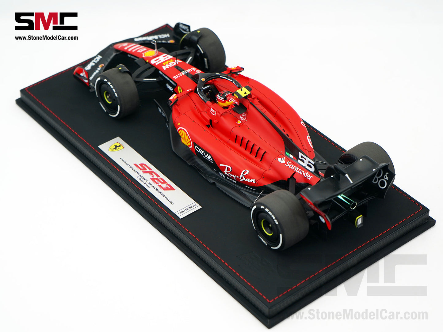 Ferrari F1 SF-23 #55 Carlos Sainz Singapore GP 2023 BBR 1:18 with Leather Base