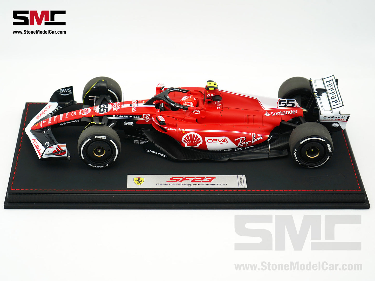 Ferrari F1 SF-23 #55 Carlos Sainz Las Vegas GP 2023 BBR 1:18 with Leather Base