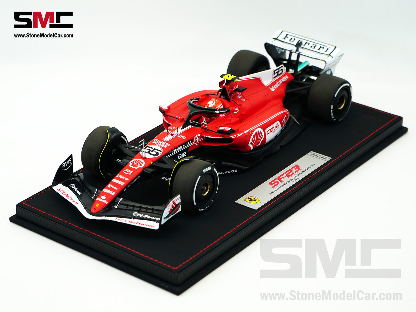 Ferrari F1 SF-23 #55 Carlos Sainz Las Vegas GP 2023 BBR 1:18 with Leather Base