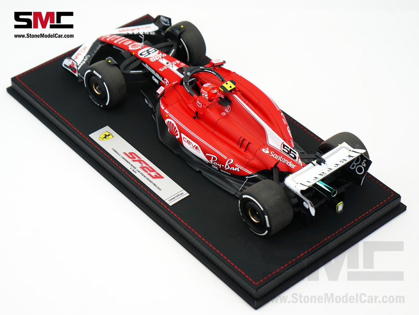 Ferrari F1 SF-23 #55 Carlos Sainz Las Vegas GP 2023 BBR 1:18 with Leather Base