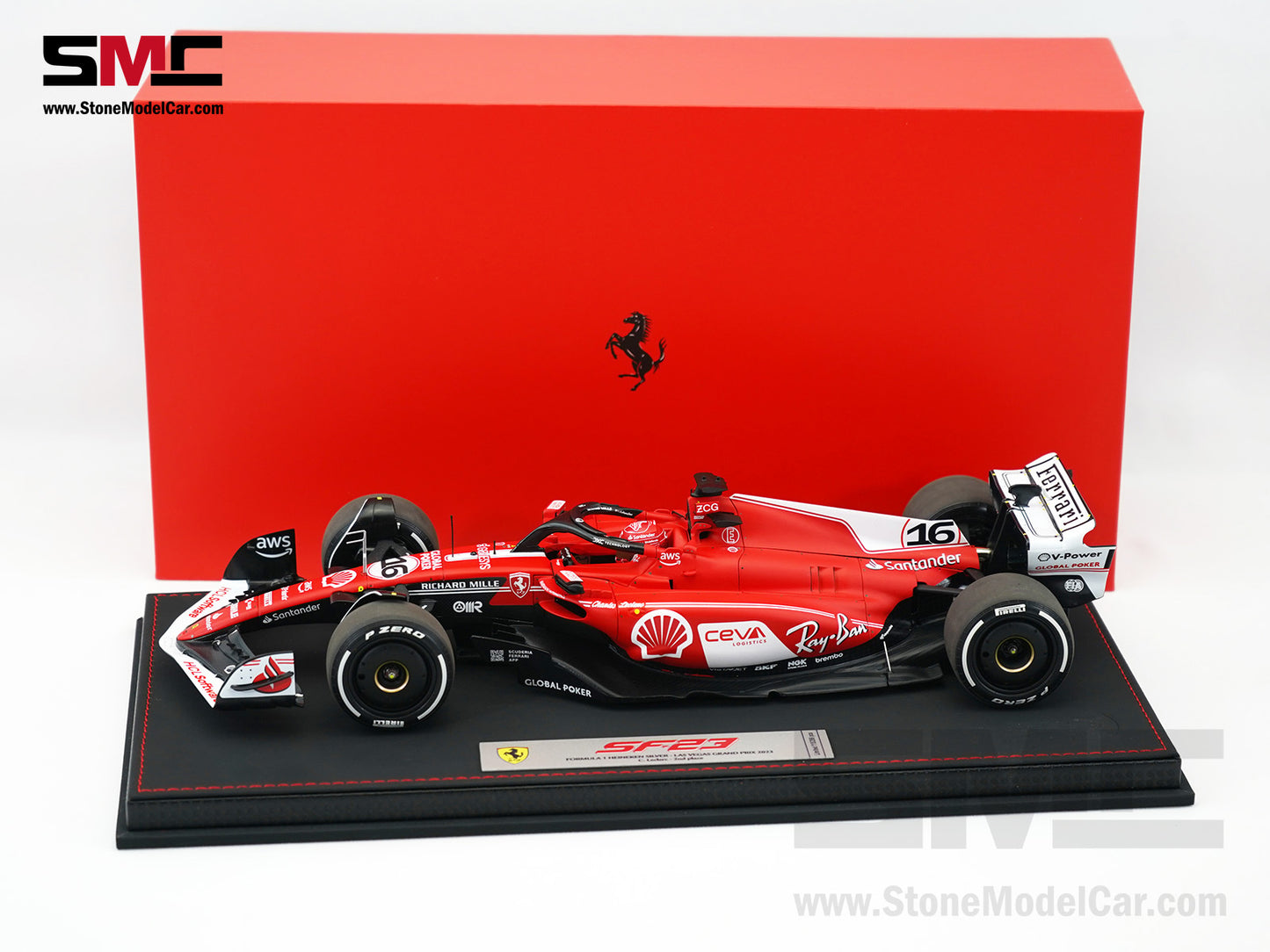 Ferrari F1 SF-23 #16 Charles Leclerc Las Vegas GP 2023 BBR 1:18 with Leather Base