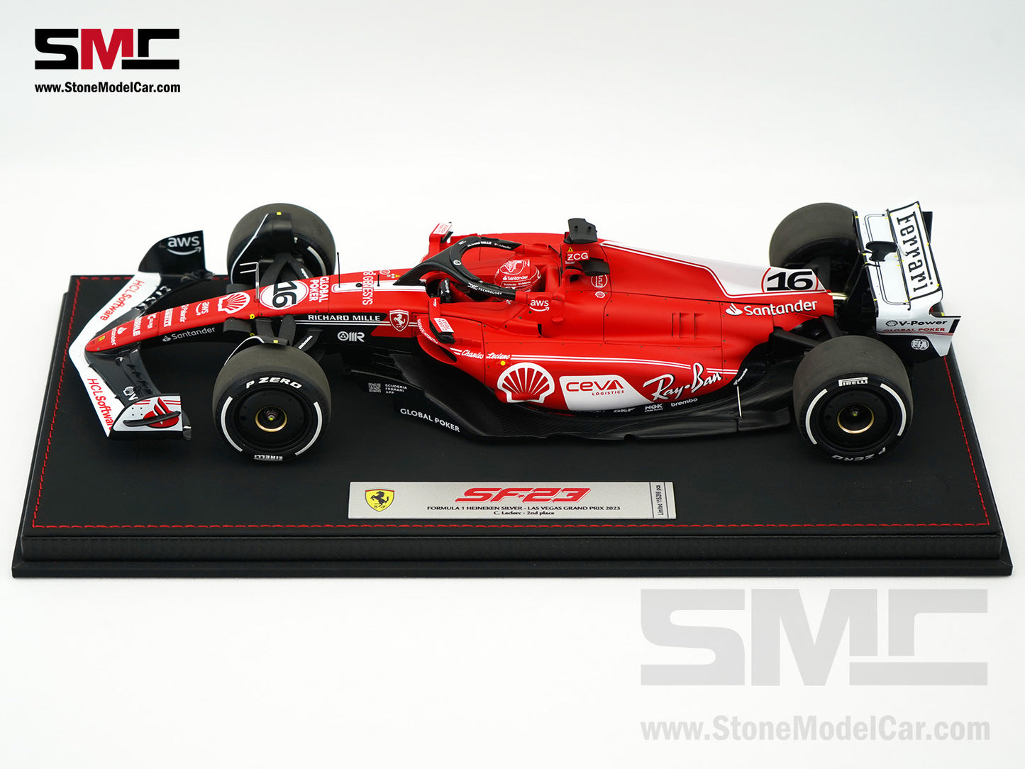 Ferrari F1 SF-23 #16 Charles Leclerc Las Vegas GP 2023 BBR 1:18 with Leather Base