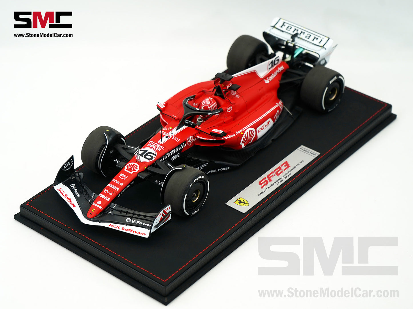 Ferrari F1 SF-23 #16 Charles Leclerc Las Vegas GP 2023 BBR 1:18 with Leather Base