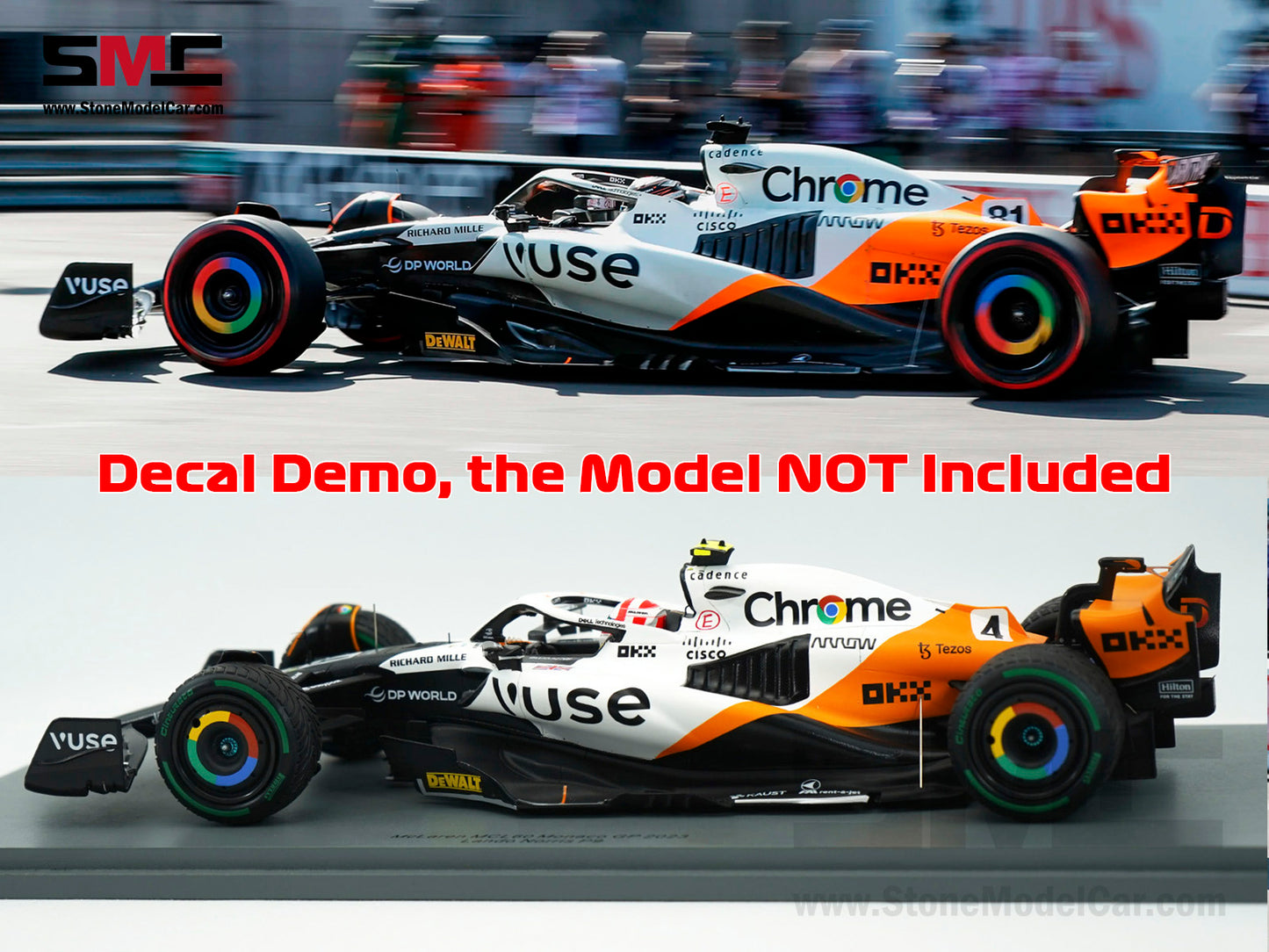 Decal for 1:18 McLaren F1 MCL60 #4 L. Norris #81 O. Piastri Monaco GP 2023 Special Livery Spark