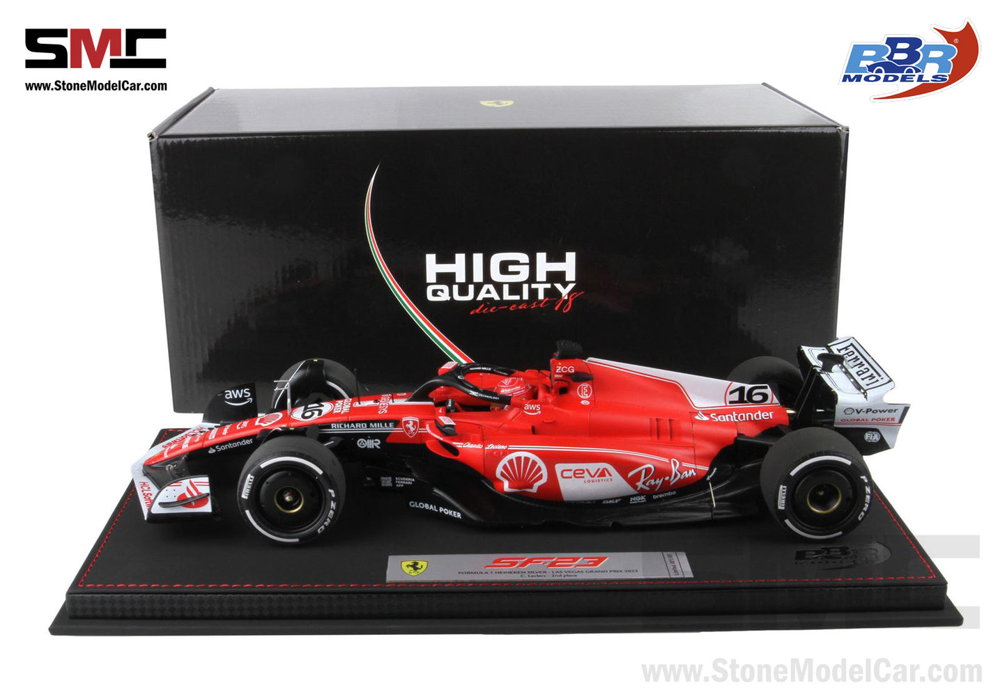 [Pre-Order] Ferrari F1 SF-23 #16 Charles Leclerc Las Vegas GP 2023 BBR 1:18 with Leather Base