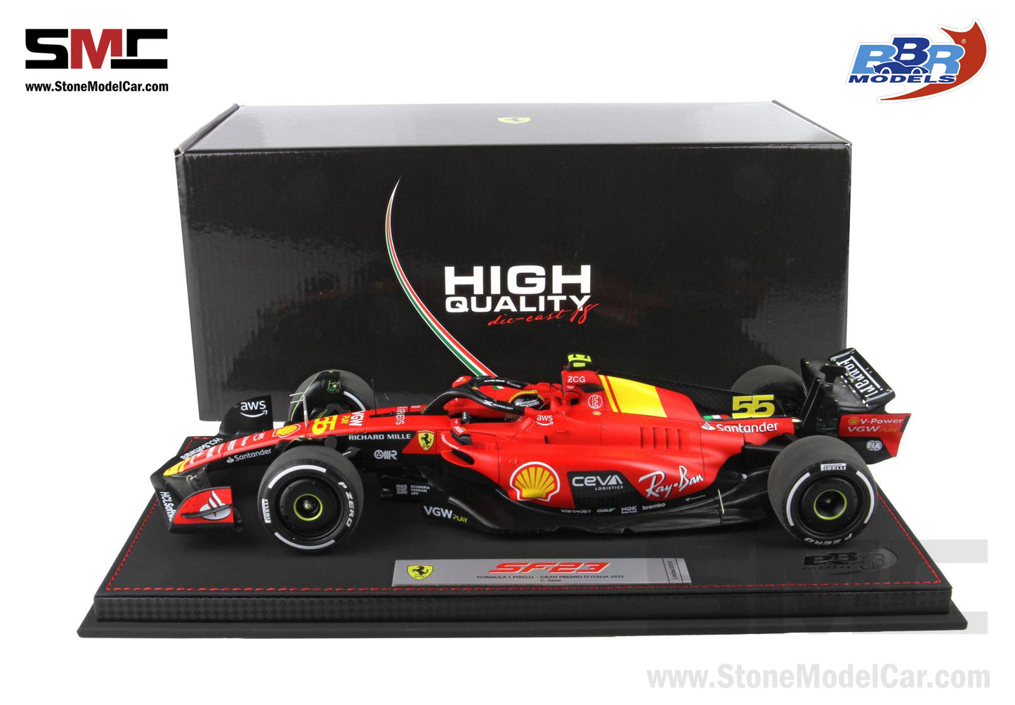 [Pre-Order] Ferrari F1 SF-23 #55 Carlos Sainz Italy Monza GP 2023 BBR 1:18 with Leather Base