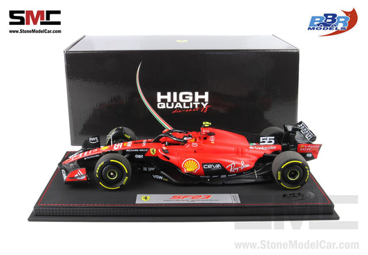 Ferrari F1 SF-23 #55 Carlos Sainz Belgium SPA GP 2023 BBR 1:18 with Leather Base