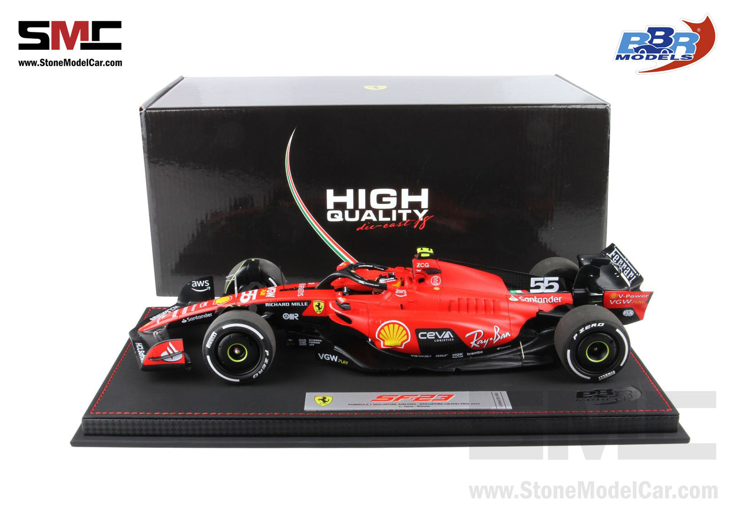 [Pre-Order] Ferrari F1 SF-23 #55 Carlos Sainz Singapore GP 2023 BBR 1:18 with Leather Base